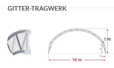 Shelterall Gitter-Tragwerk mit 16 Meter Spannweite und Gibelh&ouml;he 7,90 Meter